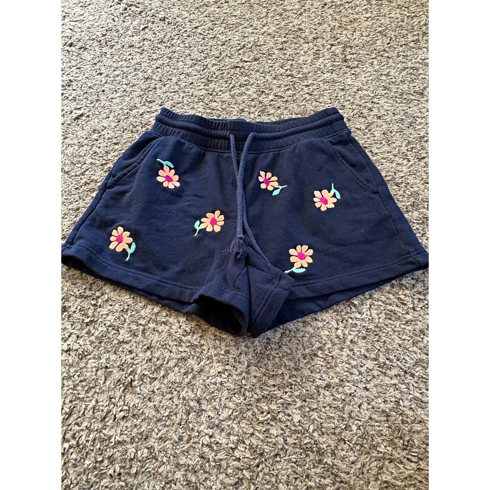 Lou & Grey Navy Floral Embroidered Sweat Shorts Drawstring Pockets Women's XS